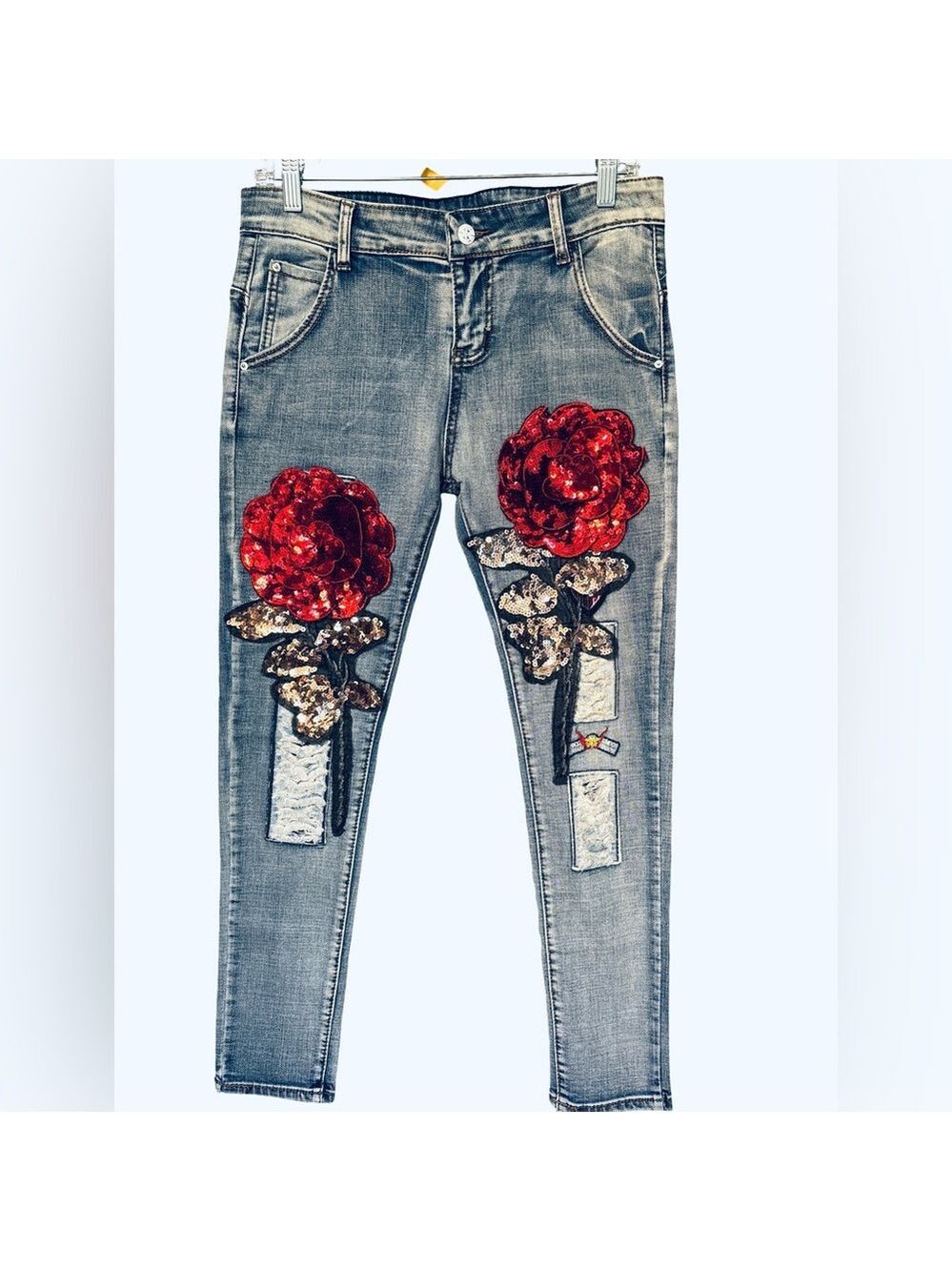 Sequin Rose Embellished Skinny Blue Denim Jeans Size 30